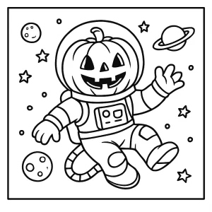 Pumpkin astronaut drift coloring page featuring a pumpkin-headed astronaut floating in space, free to print and color.