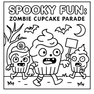 Spooky zombie cupcake parade coloring page for kids to print and color, featuring silly Halloween cupcakes marching in a parade.