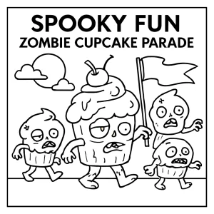 Zombie cupcake parade coloring page featuring cute, spooky cupcakes for kids to color and print for free.