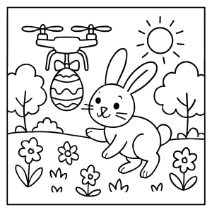 Spring scene bunny drone egg delivery coloring page for kids