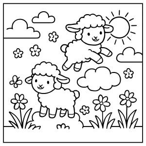 Spring lambs cloud hopping game coloring page featuring playful lambs leaping on clouds in a spring scene, printable for kids.