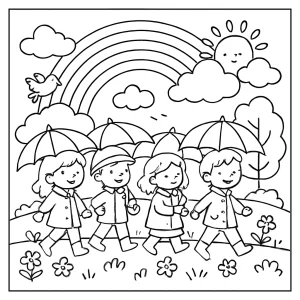 Spring rainbow umbrella parade coloring page featuring children holding colorful umbrellas, perfect for free printable fun.