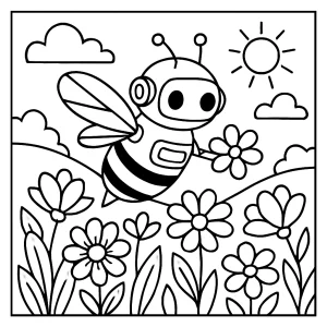 Robot bee pollination coloring page featuring a spring garden with flowers and a mechanical bee, printable and free for kids.