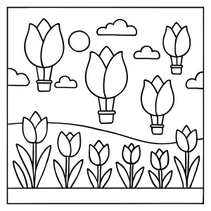 Spring tulip hot air balloons coloring page featuring blooming fields and whimsical balloon shapes for kids to color