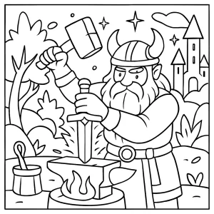 Starforged Swordsmith in enchanted realm coloring page for free printing and coloring
