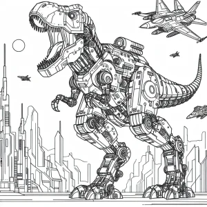 Roaring T-Rex mech robot near futuristic city, detailed line art