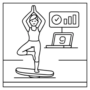 Yoga balance board competition coloring page with tech stability scoreboards for kids to print and color