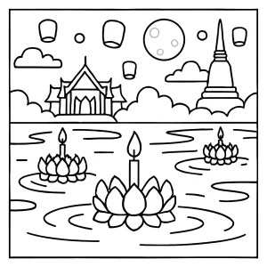 Loi Krathong River Lights coloring page with floating krathongs, lanterns, and traditional Thai scenery for kids to print and color.