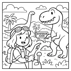 Time-travel girl visiting dinosaur park coloring page with dinosaurs and adventure scene