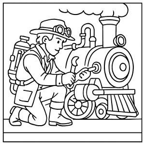 Time traveler fixing steam engine coloring page with gears, train, and futuristic gadgets for kids to print and color.