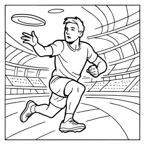 Ultimate Frisbee athlete in futuristic stadium coloring page for free printable fun