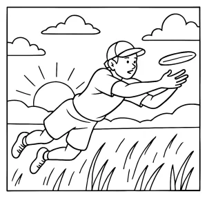 Ultimate Frisbee diver catching disc in sunset lit field coloring page