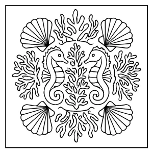 Underwater coral reef mandala coloring page with seahorses and shells, printable for kids and adults