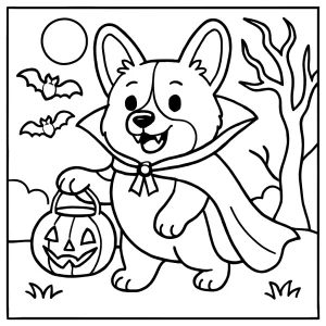 Vampire corgi wearing a velvet cape trick-or-treating coloring page – free printable for kids