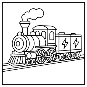 Outline coloring page of a vintage steam locomotive revamped with eco-battery carriages, perfect for kids to print and color