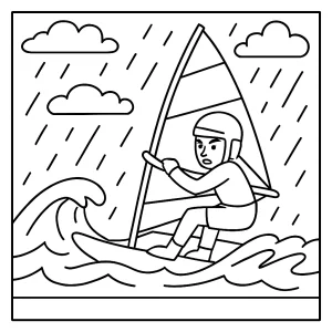 Windsurfing athlete in the rain coloring page, free printable activity for kids