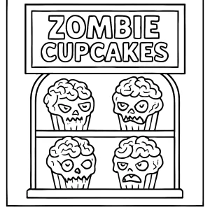 Zombie cupcake bakery display coloring page with cupcakes topped with icing brains, printable for kids and Halloween activities.