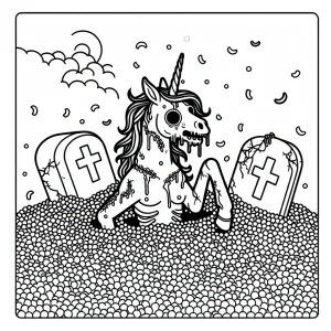 Zombie unicorn emerging from a confetti grave coloring page